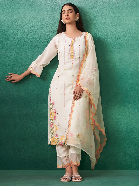 Women White Embroidered Organza Straight Kurta Trouser With Dupatta
