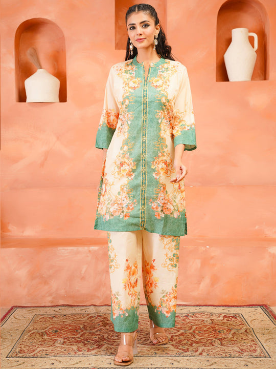 Cream Printed Cotton Blend Straight Kurta Palazzo Set