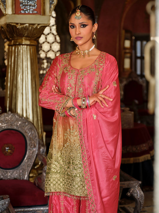 Peach Embroidered Chinon Straight Kurta Palazzos With Dupatta