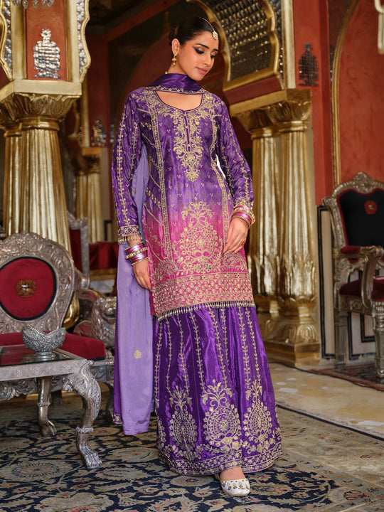 Purple Embroidered Chinon Straight Kurta Palazzos With Dupatta