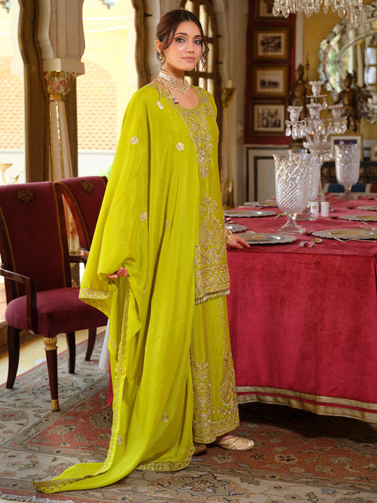 Green Embroidered Chinon Straight Kurta Palazzos With Dupatta