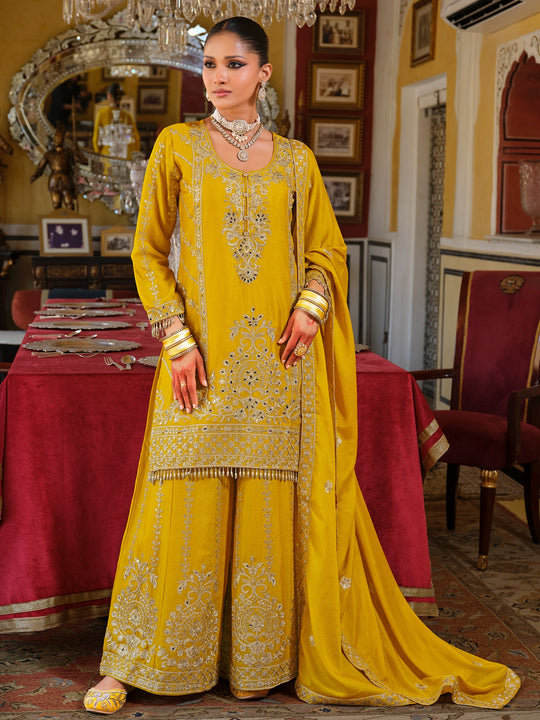Yellow Embroidered Chinon Straight Kurta Palazzos With Dupatta