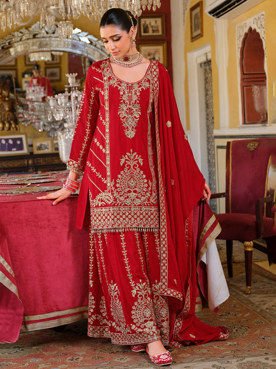 Red Embroidered Chinon Straight Kurta Palazzos With Dupatta
