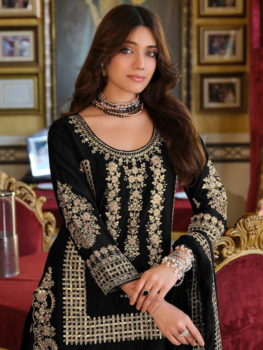 Black Embroidered Chinon Straight Kurta Palazzos With Dupatta