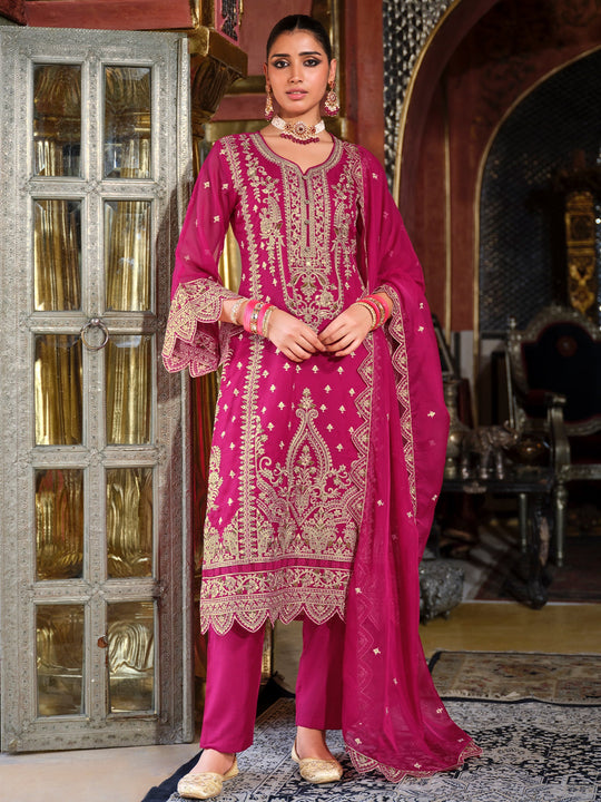 Pink Embroidered Organza Straight Kurta Sets With Dupatta