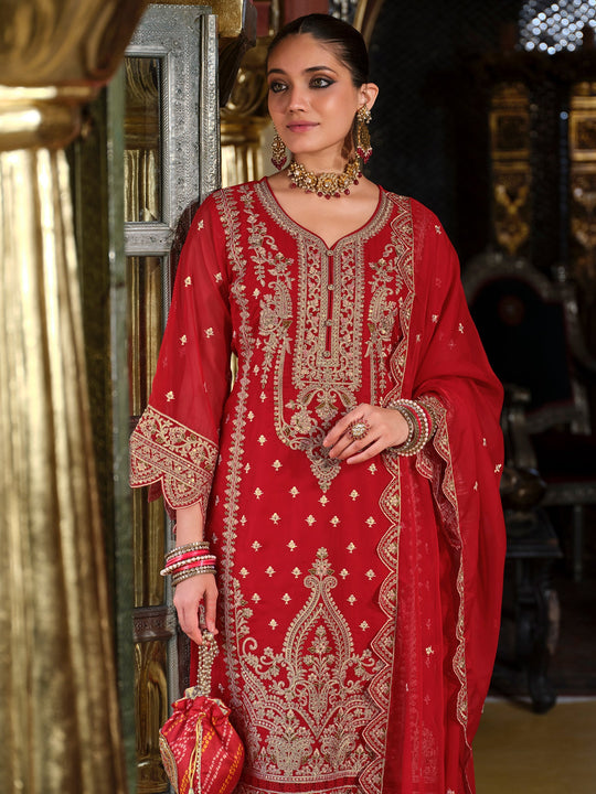 Red Embroidered Organza Straight Kurta Sets With Dupatta