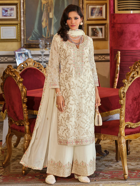 White Embroidered Chinon Straight Kurta Palazzos With Dupatta