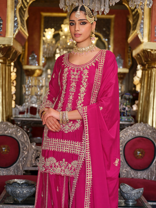 Pink Embroidered Chinon Straight Kurta Palazzos With Dupatta