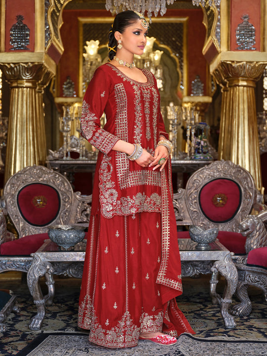 Red Embroidered Chinon Straight Kurta Palazzos With Dupatta