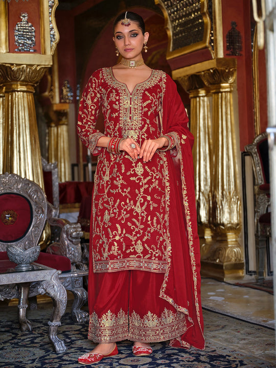 Red Embroidered Chinon Straight Kurta Palazzos With Dupatta