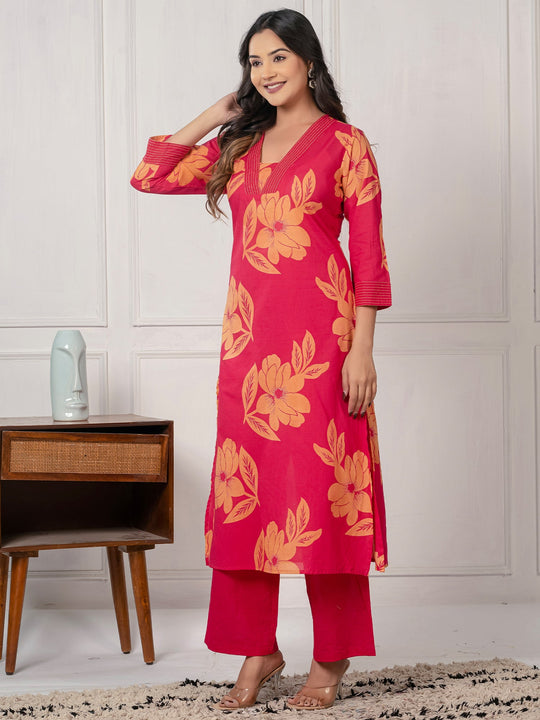 Pink Printed Pure Cotton Straight Kurta Trousers Set