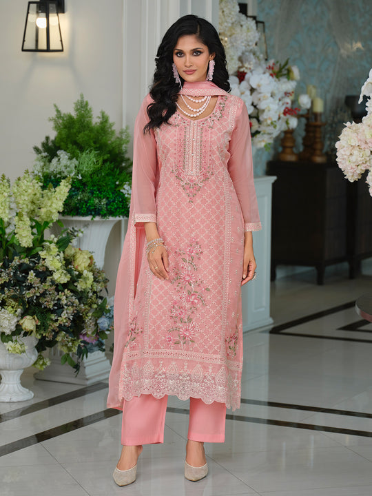Pink Embroidered Organza Straight Kurta Sets With Dupatta