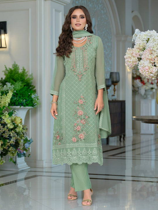 Sea Green Embroidered Organza Straight Kurta Sets With Dupatta