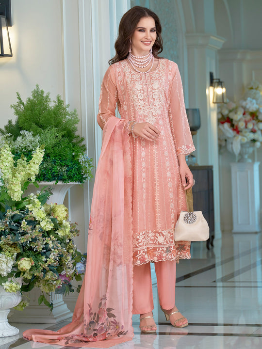 Pink Embroidered Organza Anarkali Kurta Sets With Dupatta