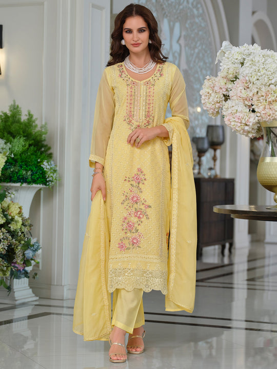 Yellow Embroidered Organza Straight Kurta Sets With Dupatta