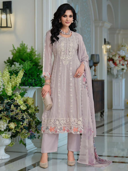 Grey Embroidered Organza Anarkali Kurta Sets With Dupatta