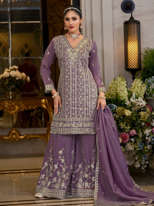 Purple Embroidered Chinon Straight Kurta Sharara With Dupatta