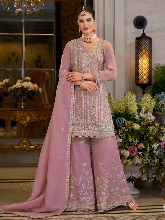 Pink Embroidered Chinon Straight Kurta Sharara With Dupatta