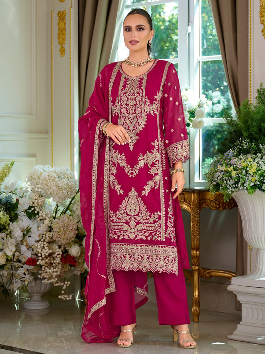 Pink Embroidered Organza Straight Kurta Sets With Dupatta
