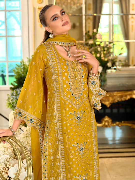 Yellow Embroidered Organza Straight Kurta Sets With Dupatta