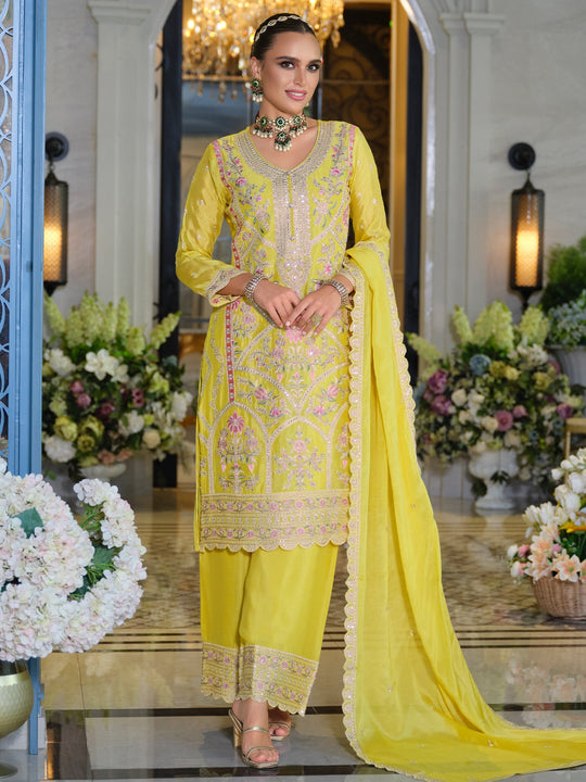 Yellow Embroidered Chinon Straight Kurta Palazzos With Dupatta