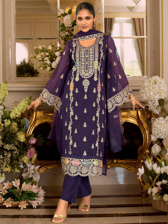 Purple Embroidered Organza Straight Kurta Sets With Dupatta