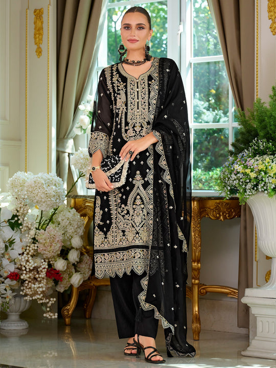 Black Embroidered Organza Straight Kurta Sets With Dupatta