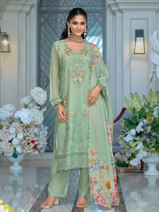 Sea Green Embroidered Organza Straight Kurta Sets With Dupatta