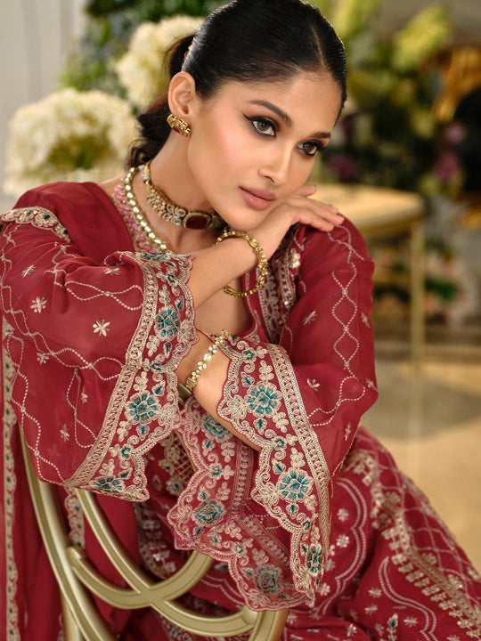 Red Embroidered Organza Straight Kurta Sets With Dupatta