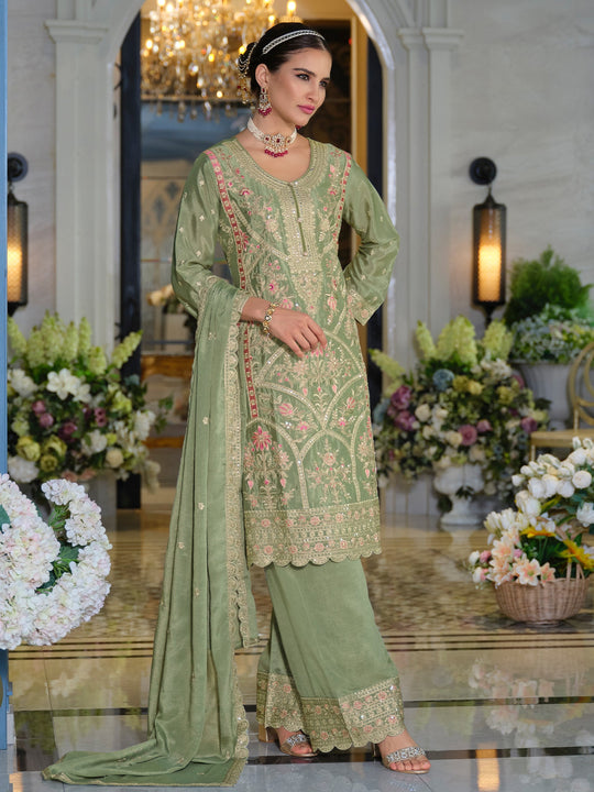 Green Embroidered Chinon Straight Kurta Palazzos With Dupatta