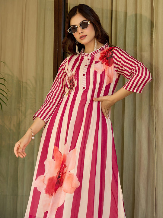 Pink Printed Pure Cotton A-Line Kurta Trouser Set