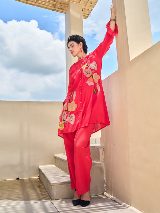 Red Embroidered Silk Blend A-Line Kurta Palazzo Set