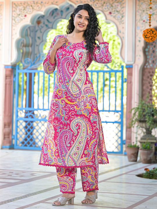 Pink Printed Pure Cotton Straight Kurta Trouser Set