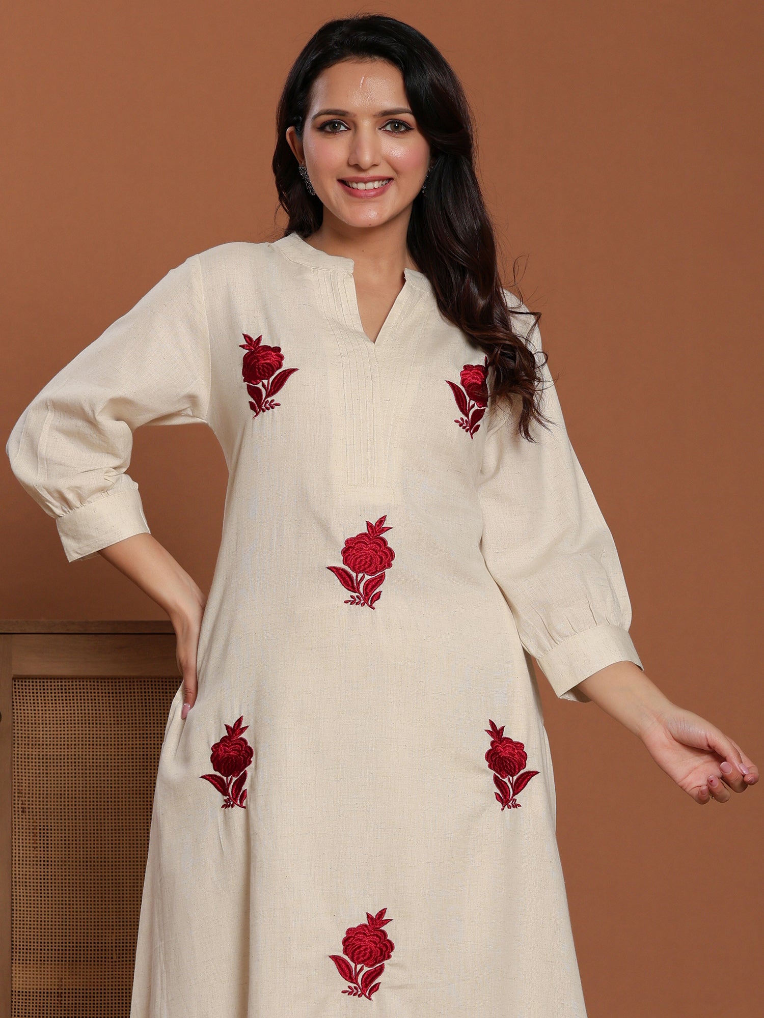 Off White Embroidered Pure Cotton A-Line Kurta Palazzo Set