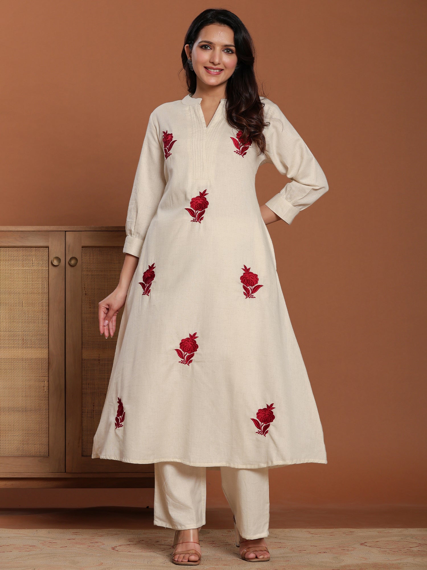 Off White Embroidered Pure Cotton A-Line Kurta Palazzo Set