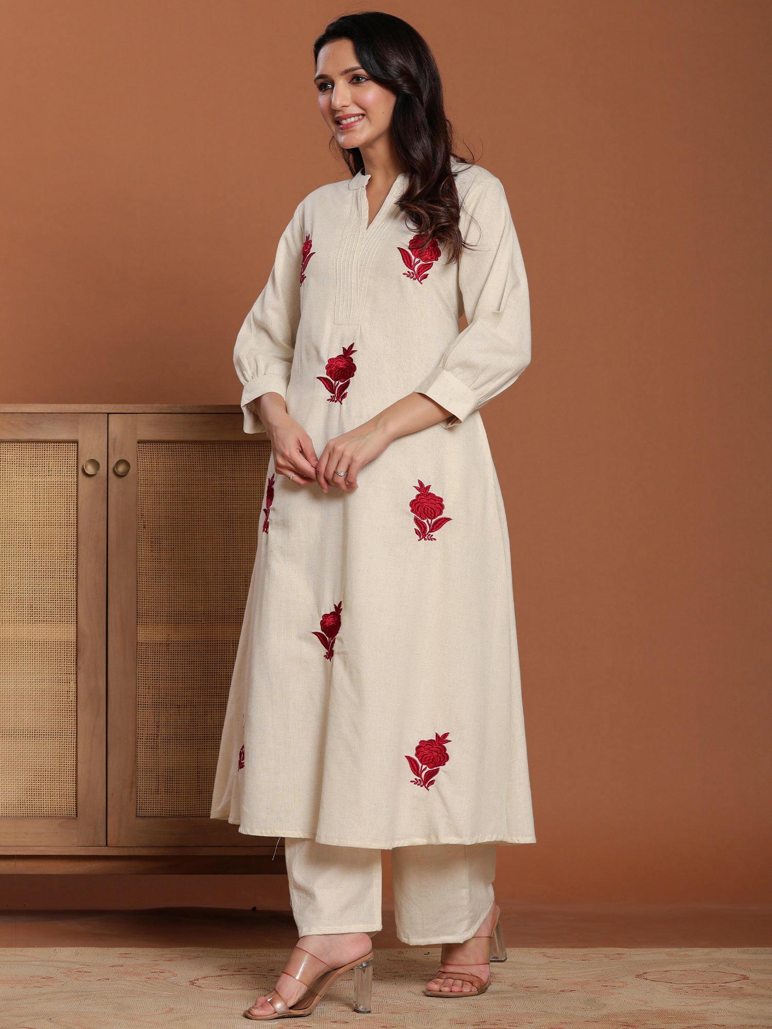 Off White Embroidered Pure Cotton A-Line Kurta Palazzo Set