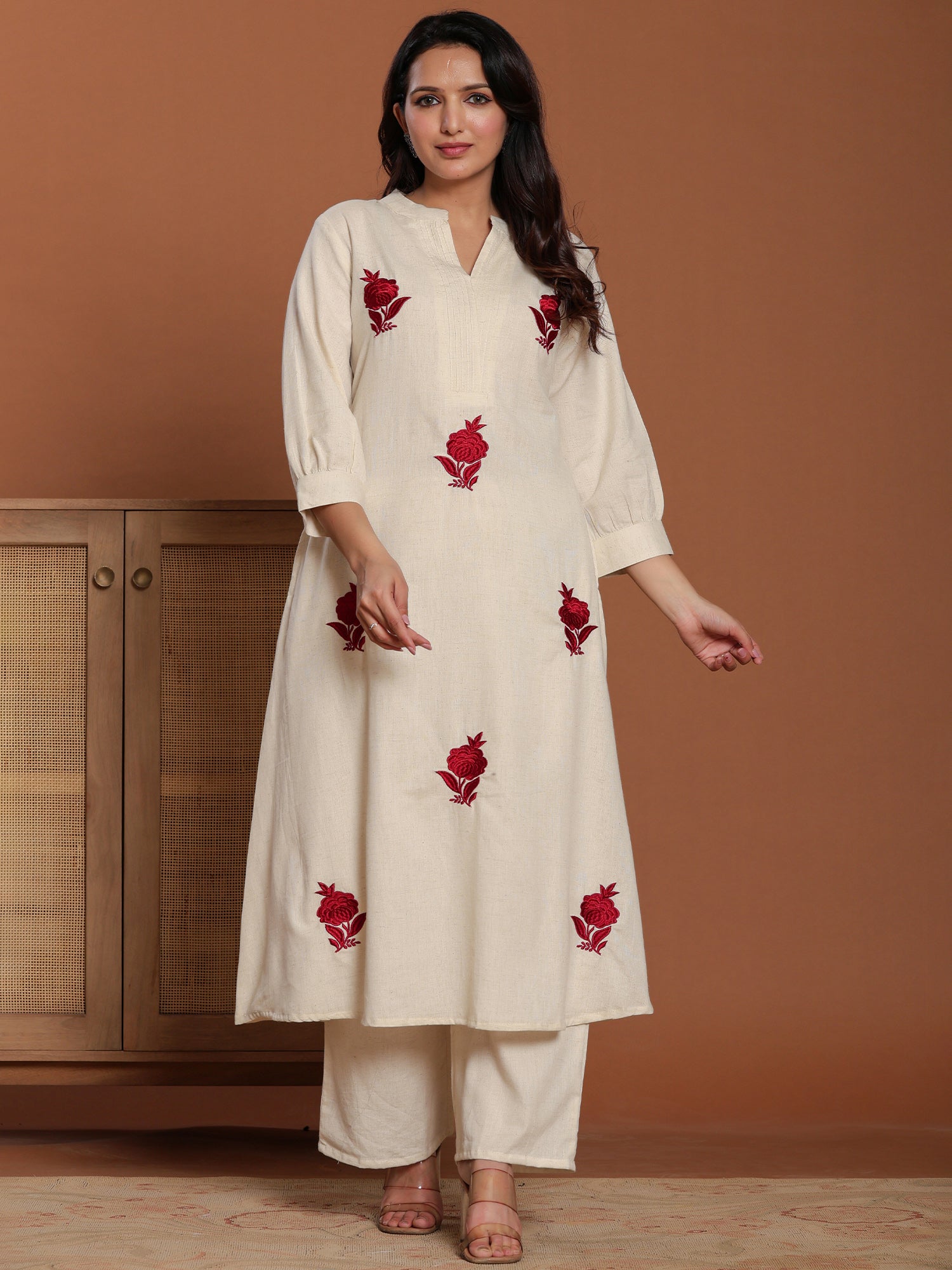 Off White Embroidered Pure Cotton A-Line Kurta Palazzo Set