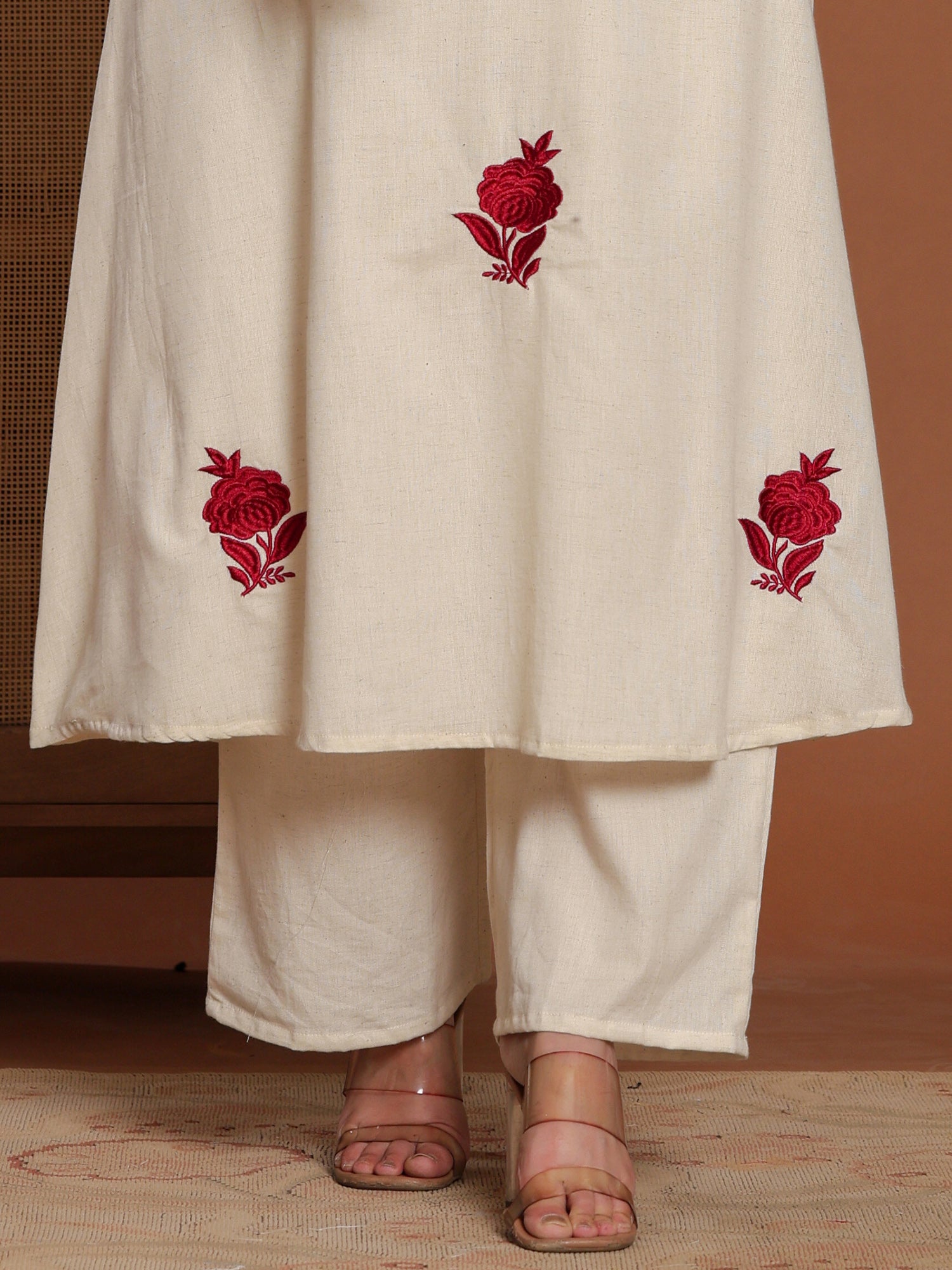 Off White Embroidered Pure Cotton A-Line Kurta Palazzo Set
