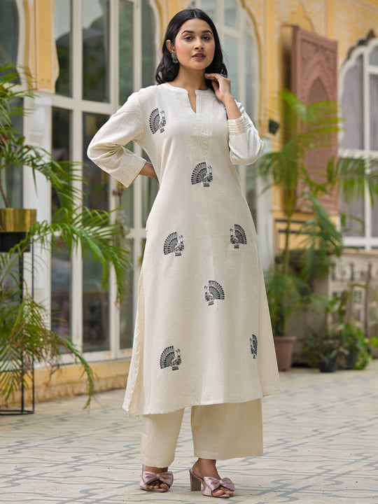 Off White Embroidered Pure Cotton A-Line Kurta Palazzo Set