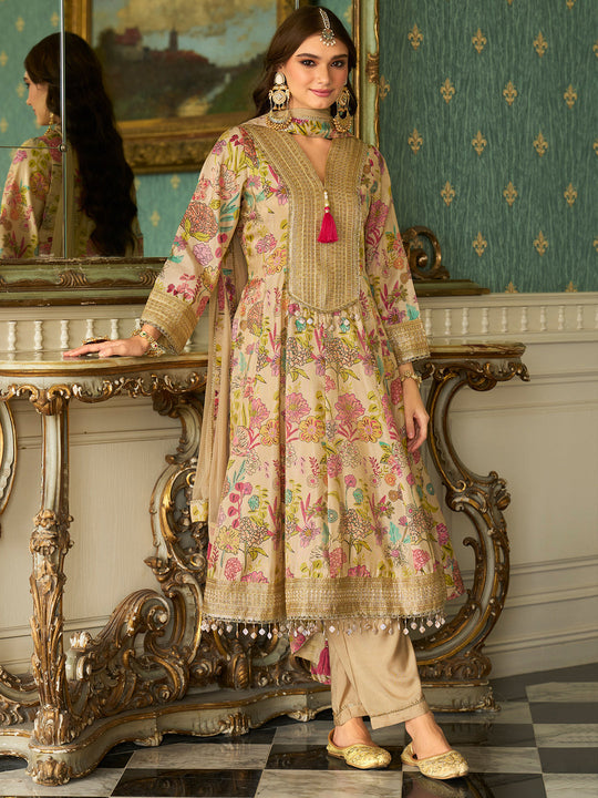 Cream Printed Silk Blend Anarkali Kurta Sets With Dupatta