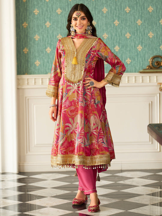 Pink Printed Silk Blend Anarkali Kurta Sets With Dupatta