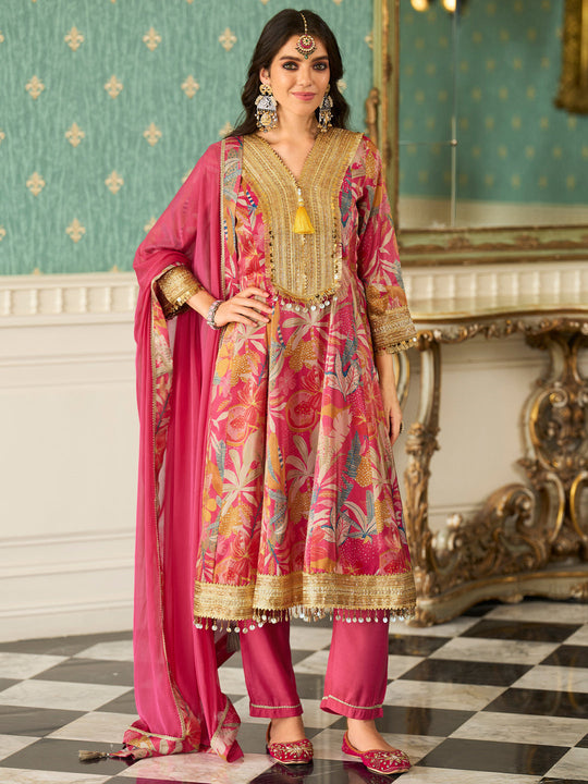Pink Printed Silk Blend Anarkali Kurta Sets With Dupatta