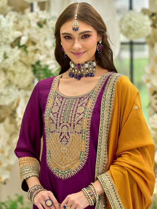 Purple Embroidered Silk Blend Anarkali Suit Sets With Dupatta