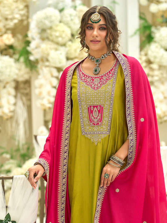 Olive Embroidered Silk Blend Anarkali Suit Sets With Dupatta