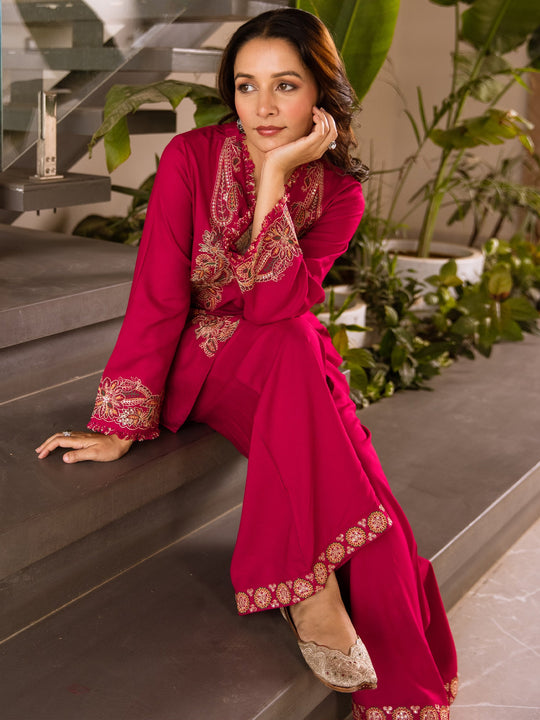 Pink Embroidered Viscose Rayon Straight Kurta Palazzo Set