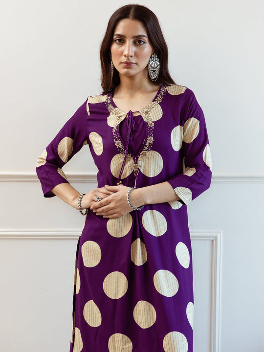 Purple Printed Viscose Rayon A-Line Kurta Palazzo Set