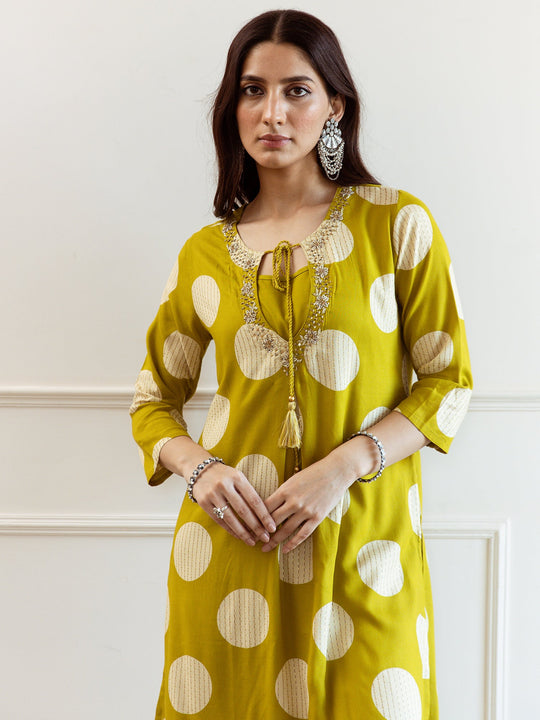 Green Printed Viscose Rayon A-Line Kurta Palazzo Set