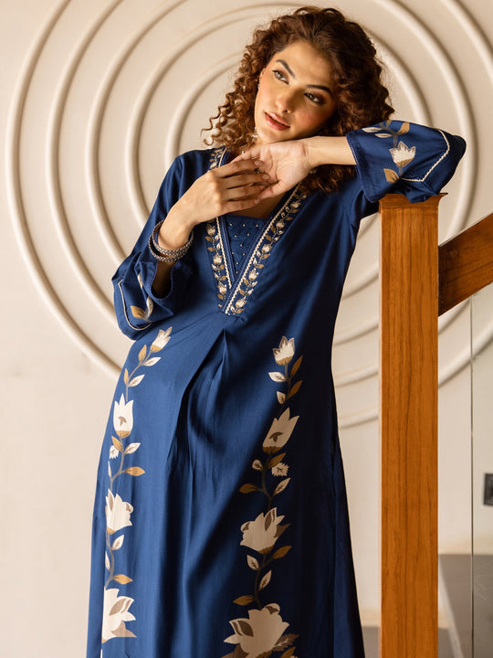 Blue Printed Viscose Rayon A-Line Kurta Palazzo Set