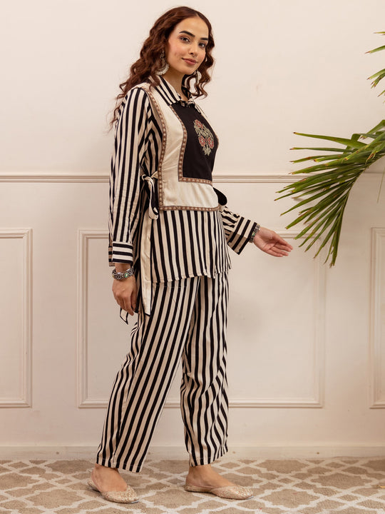 Black Embroidered Viscose Rayon Straight Kurta Trouser Set