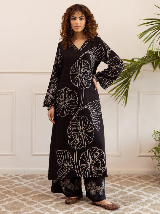 Black Printed Viscose Rayon A-Line Kurta Palazzo Set